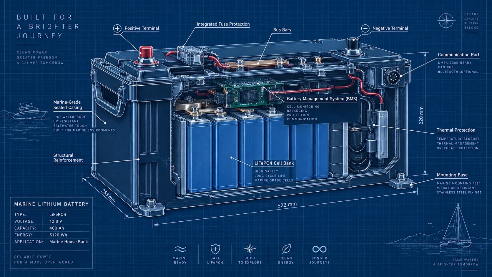 Cutaway of a marine LiFePO4 house battery, labelled: marine-grade sealed casing, positive and negative terminals, integrated fuse protection, bus bars, battery management system, LiFePO4 cell bank, thermal protection, communication port and mounting base