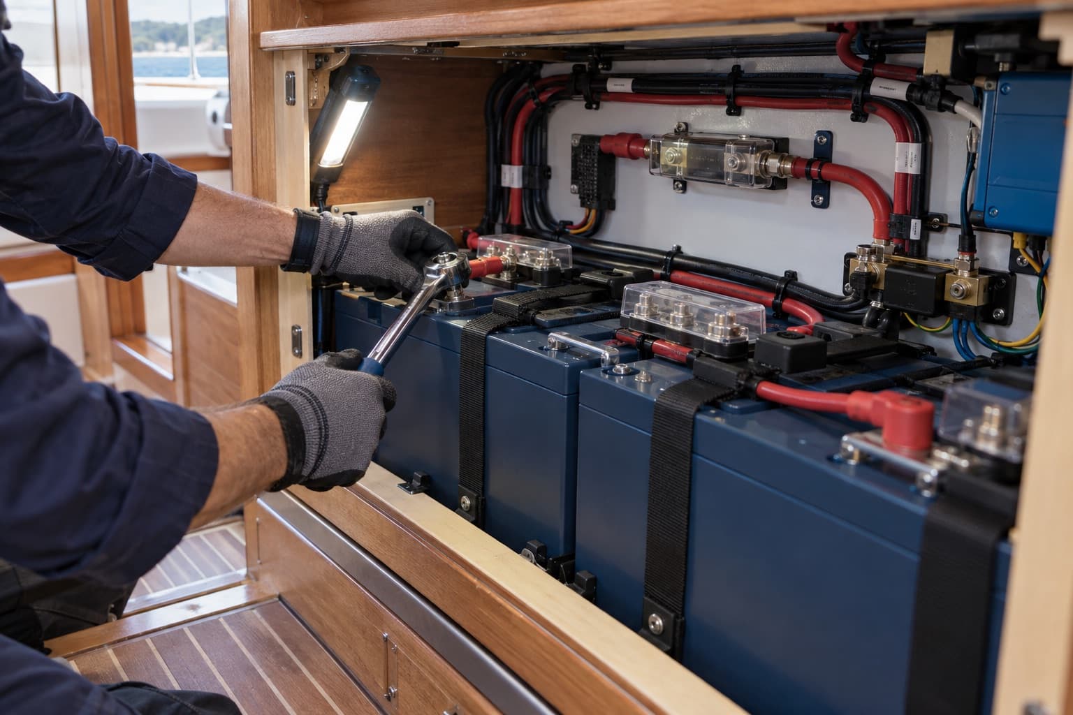 Illustrative marine electrician inspecting restrained lithium batteries, protected busbars and heavy DC cabling inside a yacht