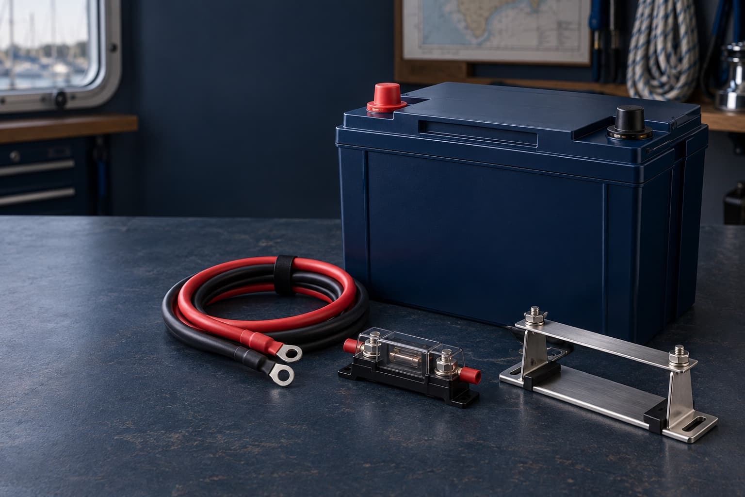 Illustrative unbranded LiFePO4 battery with marine charging, monitoring and protection components