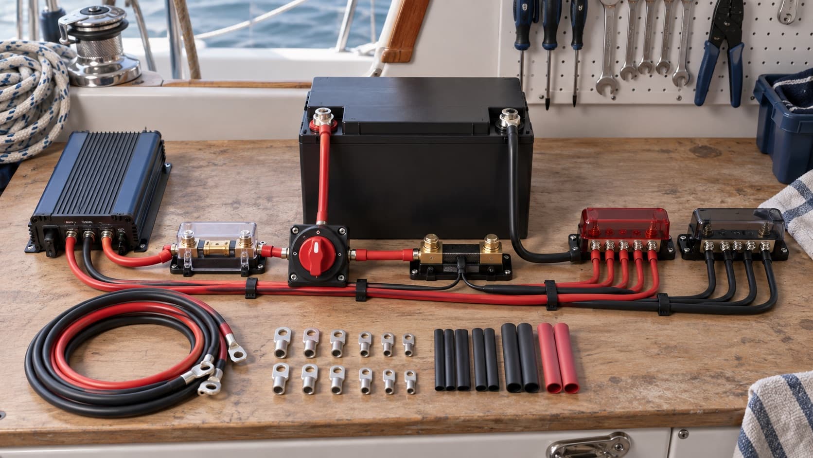 Illustrative marine lithium conversion components arranged on a workshop bench: battery, charger, fuse, switch, shunt, busbars, cable and lugs