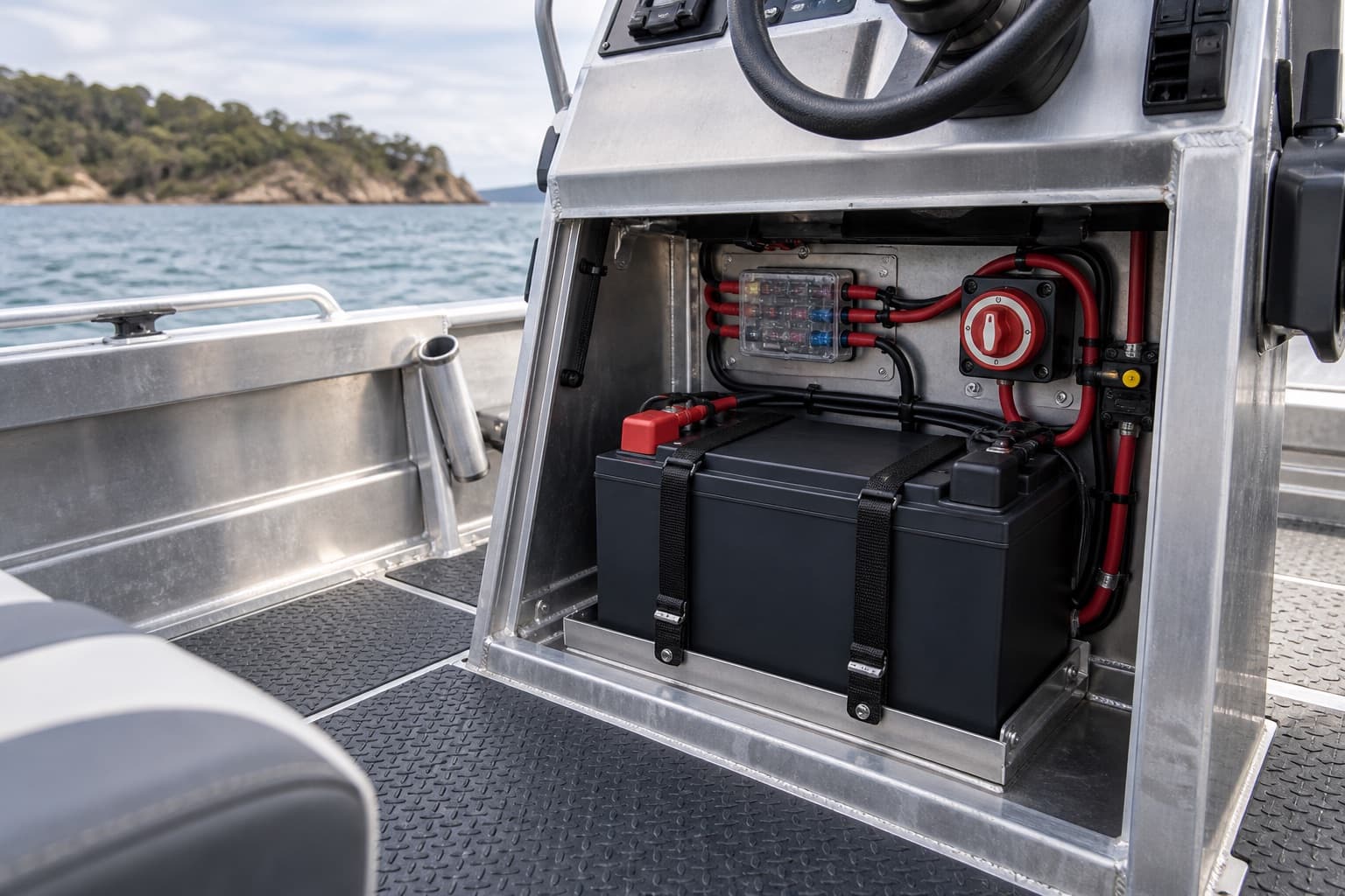 Illustrative secured lithium battery, fuse panel and isolation switch beneath the console of an aluminium fishing boat