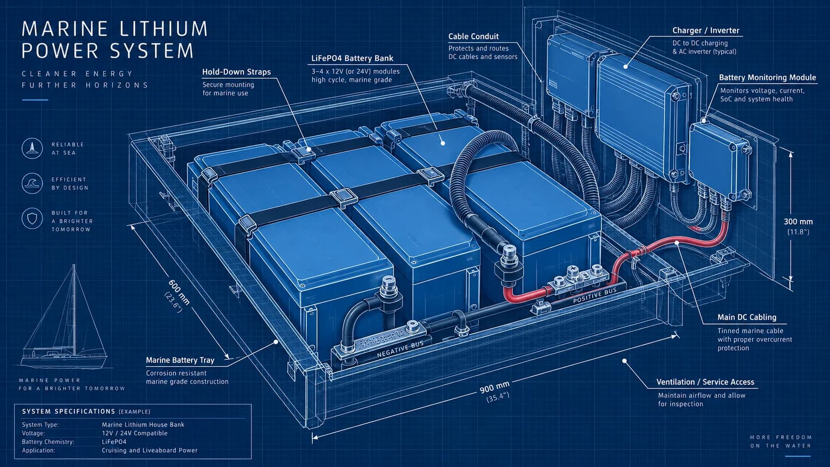 Cutaway of a marine lithium installation: battery bank on a tray with hold-down straps, bus bars, cable conduit, DC-DC charger and inverter, and a monitoring module